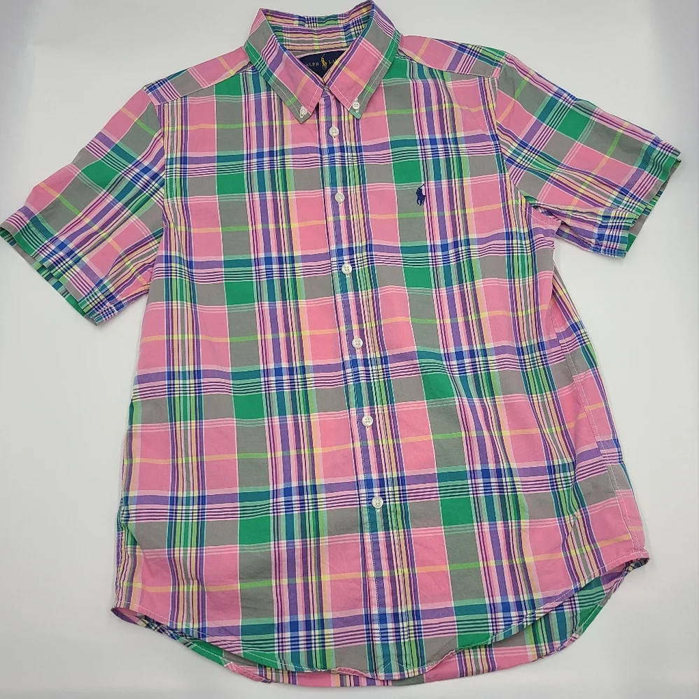 Ralph Lauren boys' plaid short-sleeved button down shirt size L